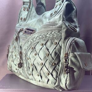 Angel Barcelo Aqua Green Hobo Bag Braided Studded Vegan Leather